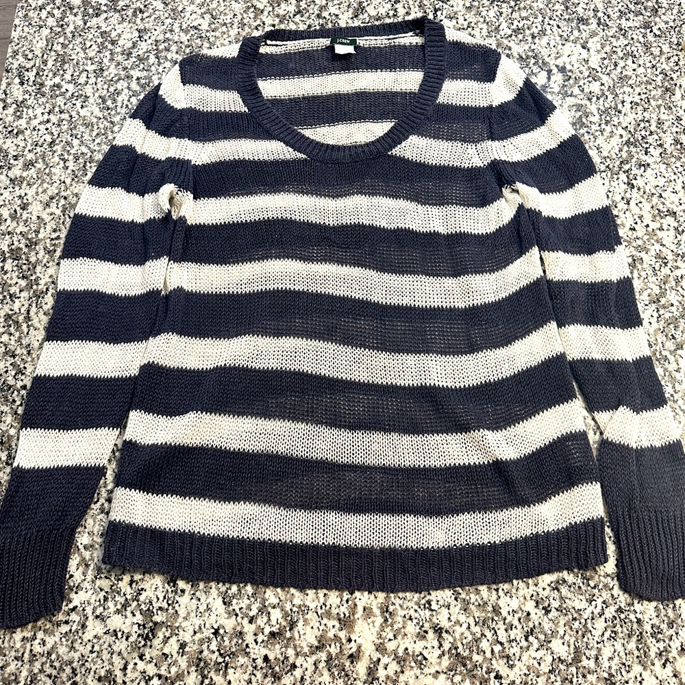 J. Crew Blue & White Striped Linen Pullover Lightweight Sweater - Women's Size L